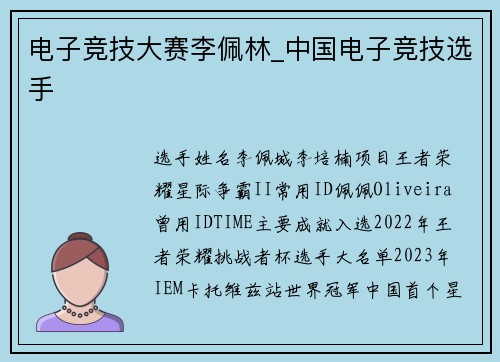 电子竞技大赛李佩林_中国电子竞技选手
